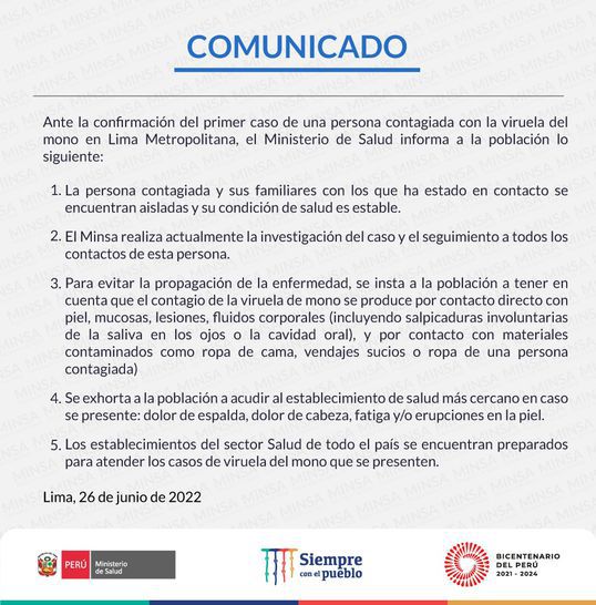 Minsa confirmó el primer caso de viruela del mono en Perú
